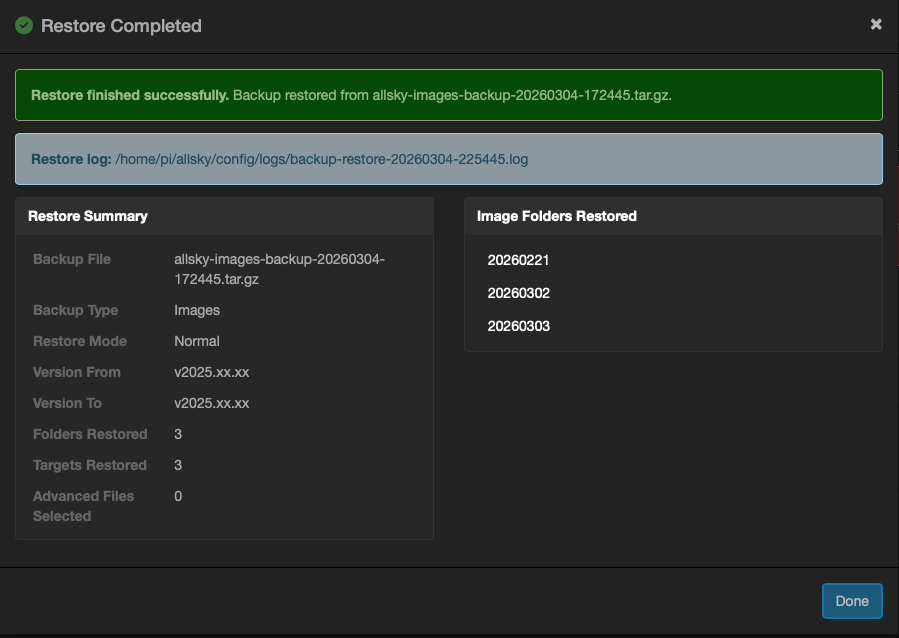 Restore completion modal