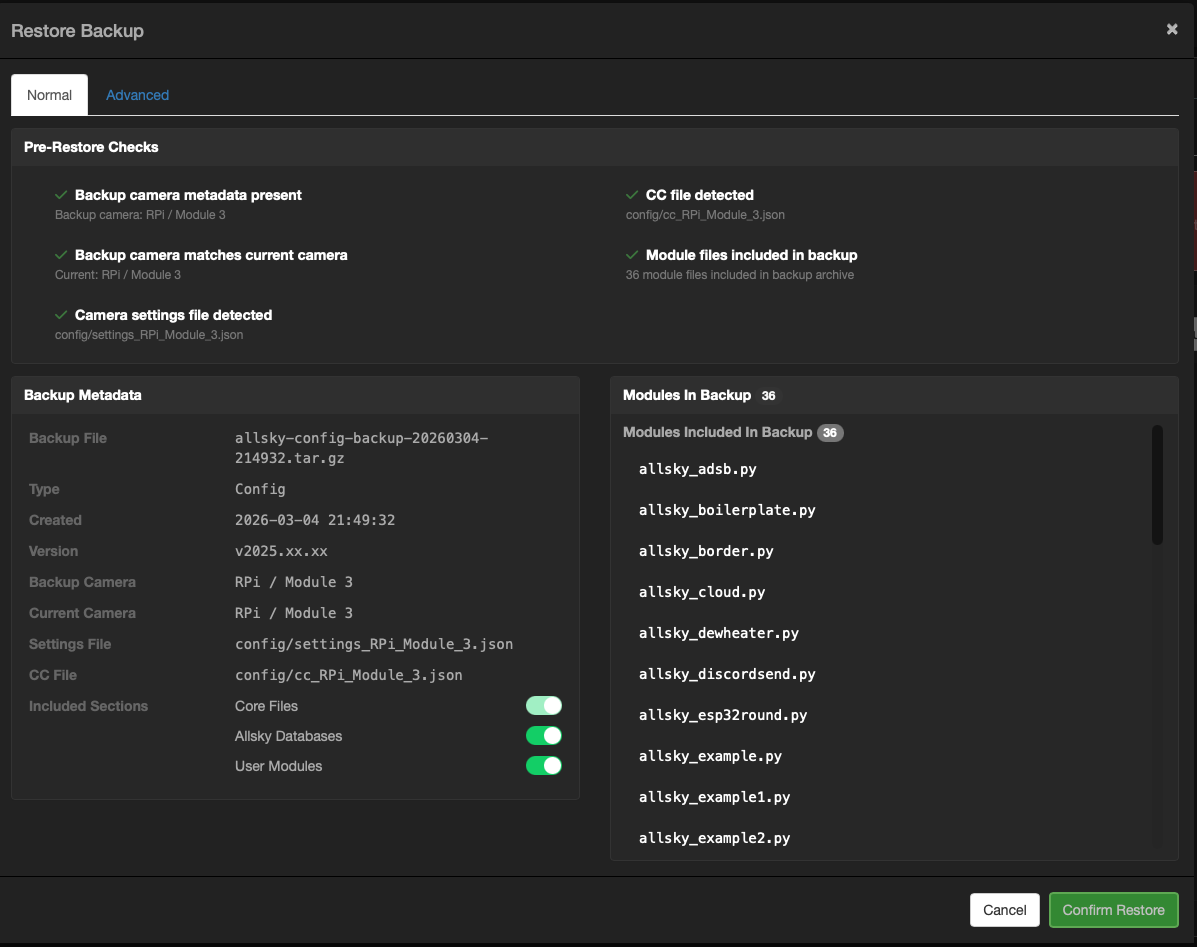 Restore dialog overview